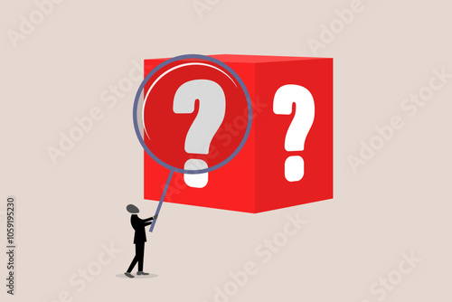 Businessman analyze box marked with a question mark using a magnifying glass. concept of random or chance to win, gamble, risk management or analyze opportunity