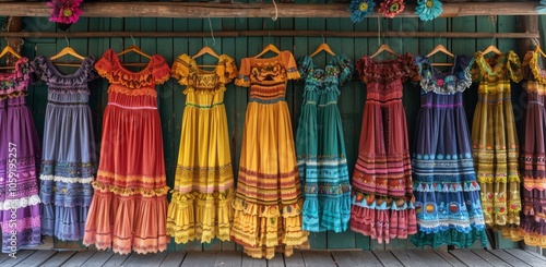 Colorful Embroidered Dresses Hanging On A Wooden Railing