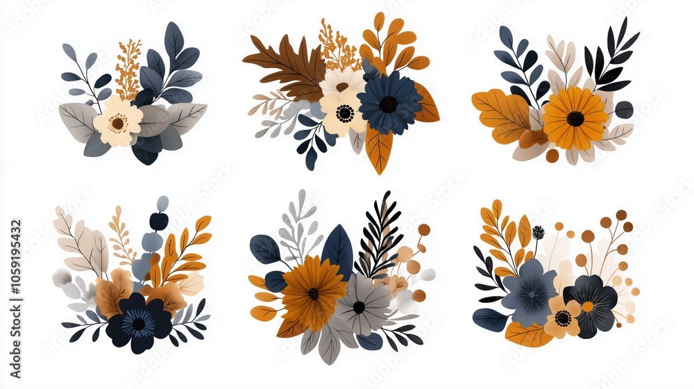 Collection of six stylish, abstract floral compositions with autumn-inspired color palette featuring navy, orange, and beige flowers and leaves on a white background. Collection of six stylish, abstract floral compositions with autumn-inspired color palette featuring navy, orange, and beige flowers and leaves on a white background.