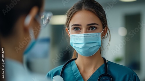 Healthcare worker in a mask focusing on patient care in a medical facility