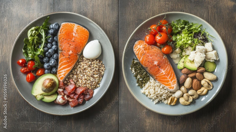 A comparison of healthy vs. unhealthy fats on two plates, with a focus on reducing cholesterol