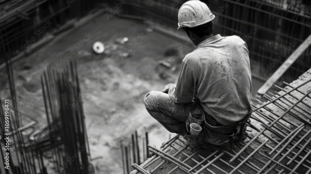 A construction worker on a busy site, building a foundation while thinking about their personal A construction worker on a busy site, building a foundation while thinking about their personal