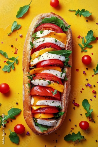 Fresh vegetable sandwich with lettuce and tomato on a colorful background