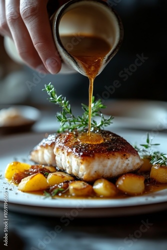 Chef pouring sauce over grilled salmon with seasonal fruits on a plate in a f...