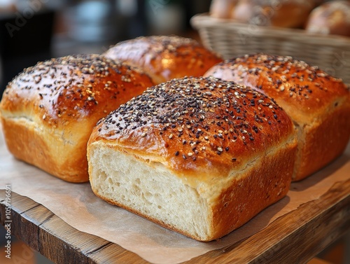 Rustic Bread Arrangement on Wooden Surface, artisanal loaves, warm tones, inviting atmosphere, cozy kitchen setting, homemade charm photo