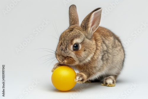 Gray Bunny Holding Yellow Easter Egg on White Background