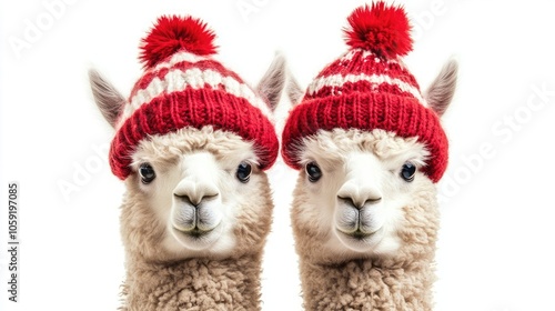 Two adorable alpacas wearing matching red knit hats with white stripes and fluffy pom poms. photo