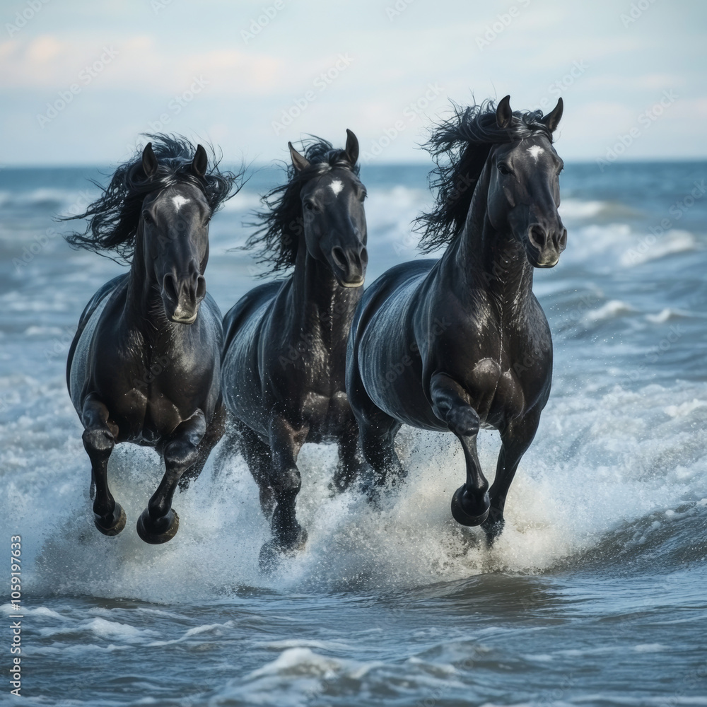 Black horses with flowing manes gallop along the shimmering shoreline, their powerful forms contrasting against the vibrant sea. Black horses with flowing manes gallop along the shimmering shoreline, their powerful forms contrasting against the vibrant sea.