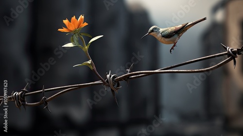 Show a scene of a prison fence with a small, hopeful symbol like a bird or a flower growing through the cracks, symbolizing resilience and the desire for freedom despite the harsh surroundings photo