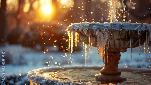 Frozen Fountain Water Dripping in the Sunset