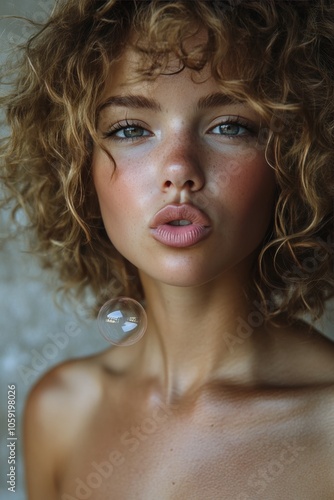 Young woman with curly hair blowing a bubble, captured in a close-up portrait...