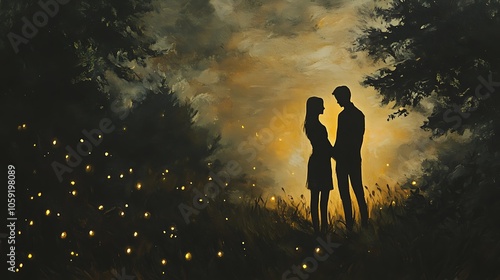 Silhouetted Couple Embracing Under a Night Sky Filled with Fireflies