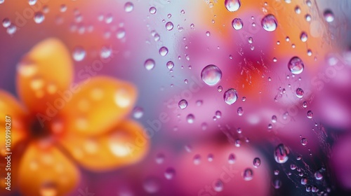 Close-up of colorful flowers behind a rain-soaked window outdoors in a vibran...