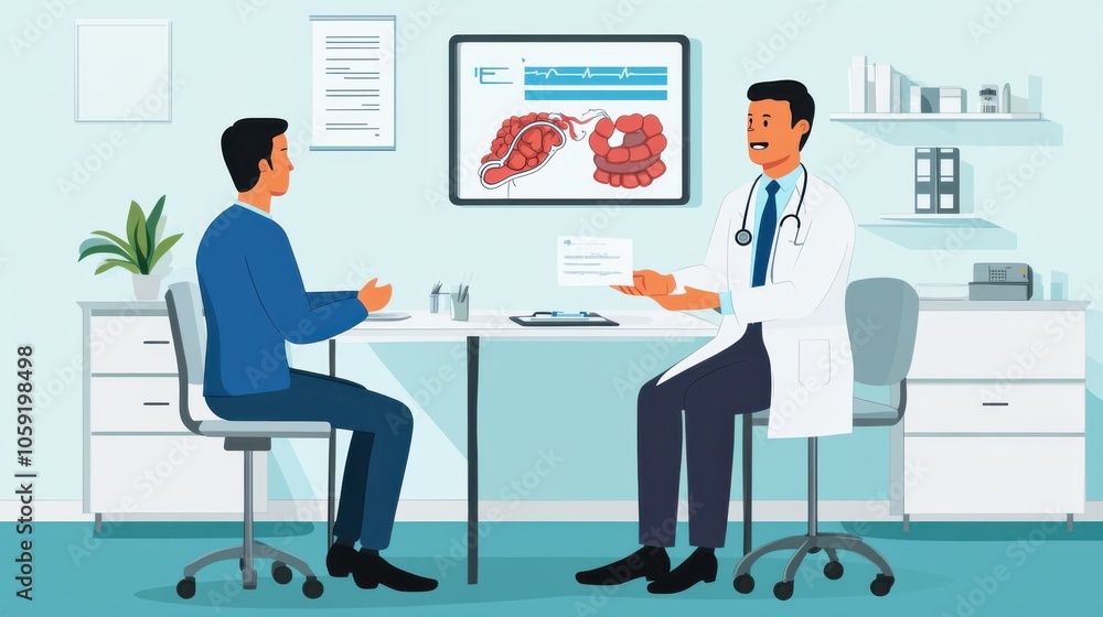 A doctor in a consultation room showing a patient a diagram of the digestive system while A doctor in a consultation room showing a patient a diagram of the digestive system while