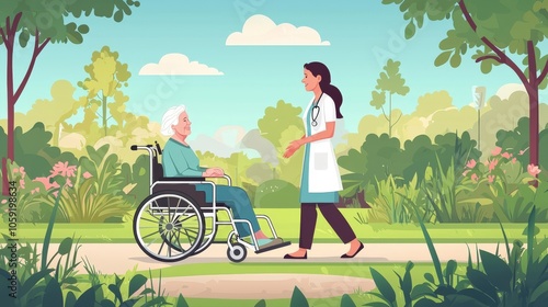 A doctor in medical attire is engaging in conversation with a senior in a wheelchair, set in a garden backdrop, embodying professional care and personal connection. photo