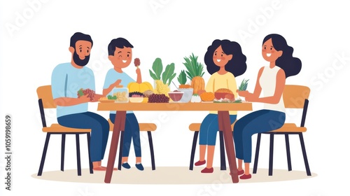 A family sitting around a dining table with a variety of fiber-rich foods, symbolizing healthy