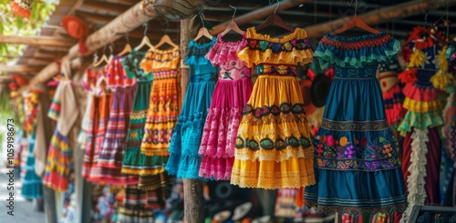 Colorful Embroidered Dresses Hanging On A Wooden Railing