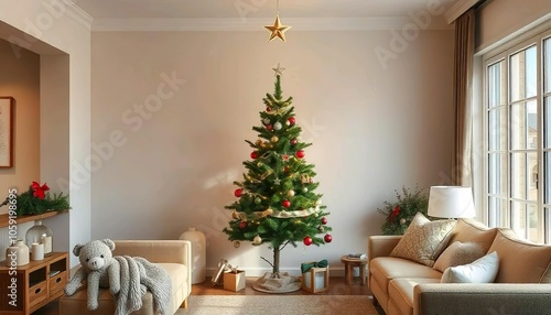 Wallpaper Mural Cozy living room, blank white frame, decorated with Christmas decor, Christmas tree, lights and ornaments, simple design. Torontodigital.ca