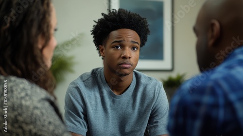 A family therapy session with a Black teenager and their parents, guided by a professional