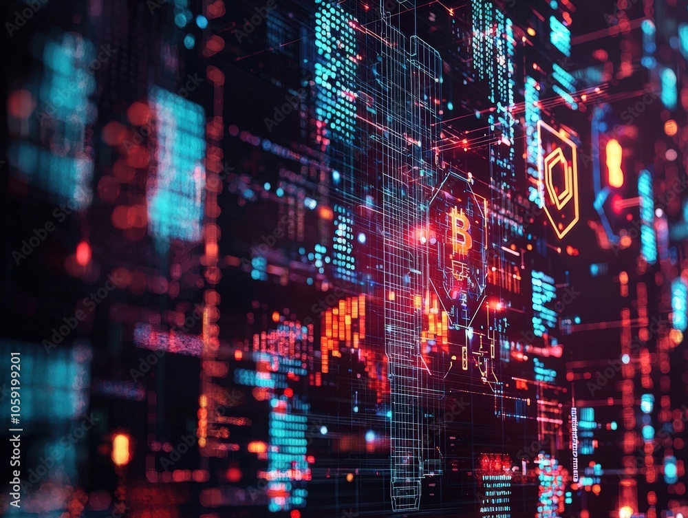 Fototapeta premium Futuristic digital interface showcasing cryptocurrency data with vibrant neon colors and intricate patterns.
