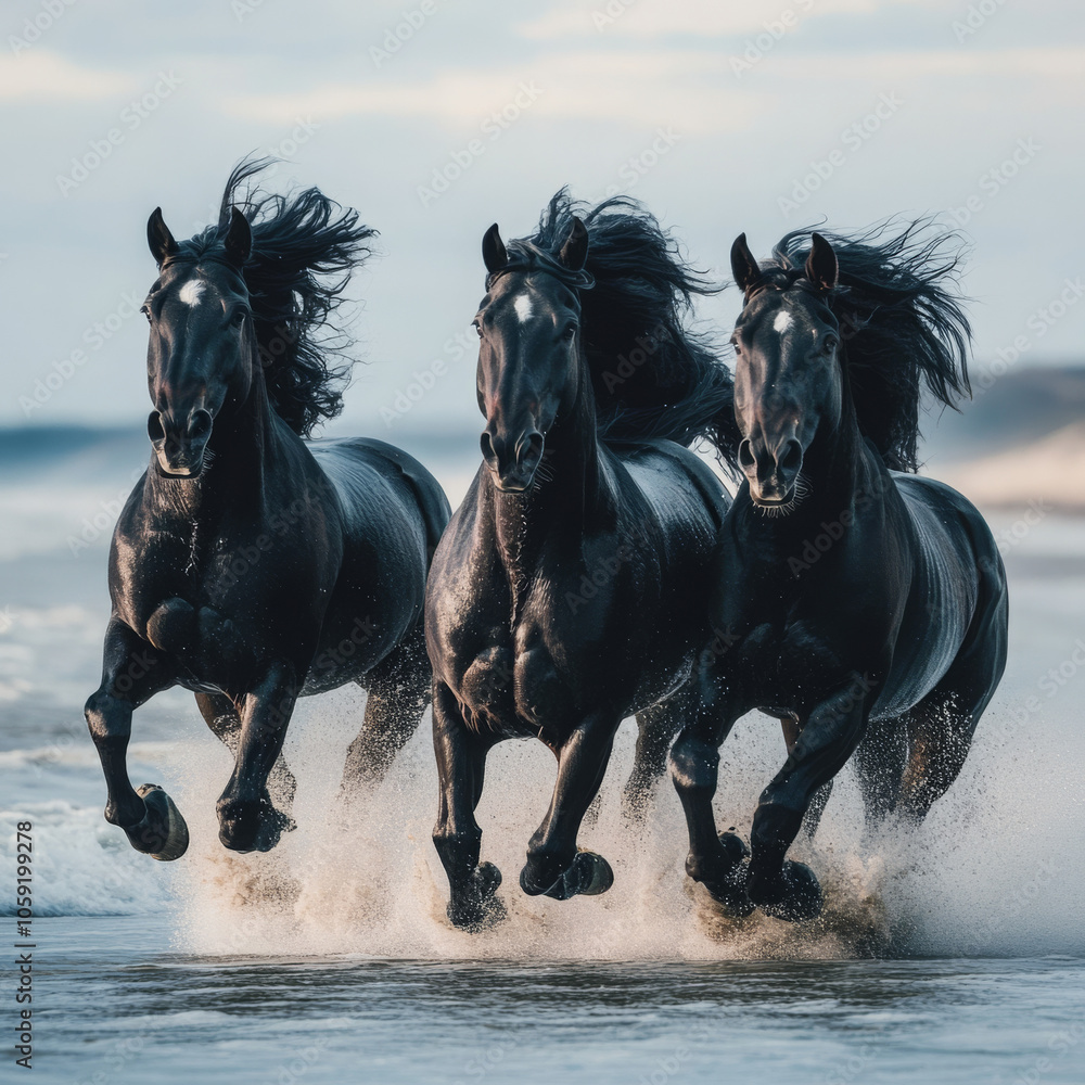 Black horses with flowing manes gallop along the shimmering shoreline, their powerful forms contrasting against the vibrant sea. Black horses with flowing manes gallop along the shimmering shoreline, their powerful forms contrasting against the vibrant sea.