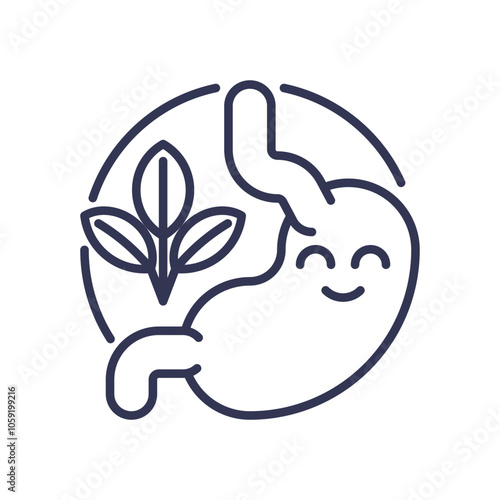 Happy stomach with leaves symbolizes natural digestive health.