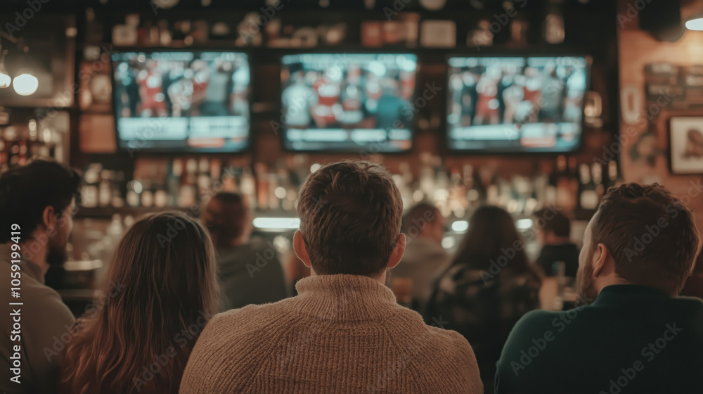 custom made wallpaper toronto digitala group of diverse friends in a bar, pub watching the superbowl, American football game on TVs with a crowd cheering in background, after work, happy hour concept