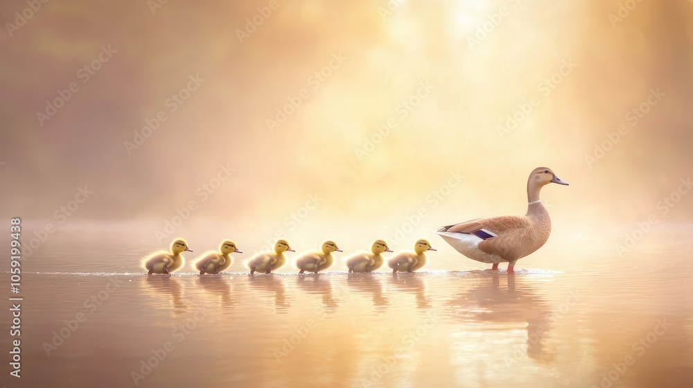 Mother duck guiding her ducklings across serene lake under golden morning light Mother duck guiding her ducklings across serene lake under golden morning light