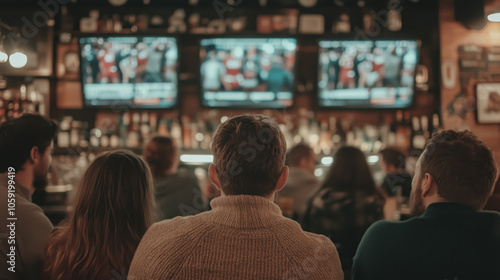 a group of diverse friends in a bar, pub watching the superbowl, American football game on TVs with a crowd cheering in background, after work, happy hour concept