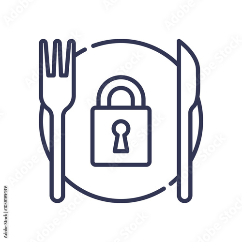 Plate with lock, fork, and knife symbolizes controlled eating and satiety.