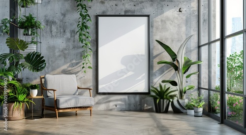 Modern Living Room With Grey Chair and Large Window View