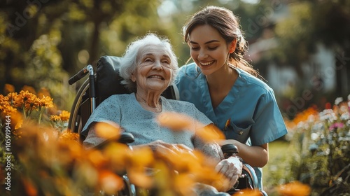 A vibrant capture of a nurse in blue attire helping a smiling elderly woman in a wheelchair, emphasizing joy, care, and warmth in a sunlit garden setting.