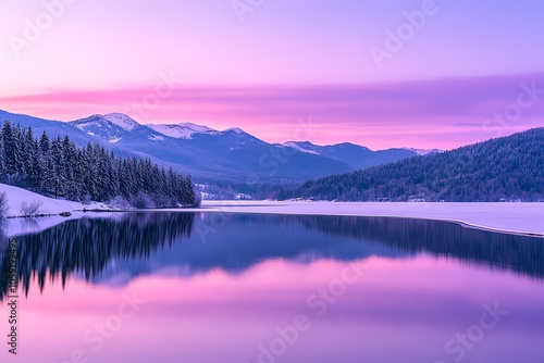 Paysage de montagnes enneigées au crépuscule avec reflets roses et violets..