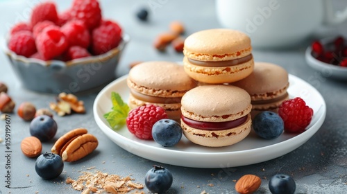 Colorful Macarons With Fresh Berries and Pecans on a Plate