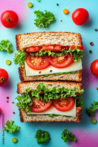 Fresh vegetable sandwich with lettuce and tomato on a colorful background