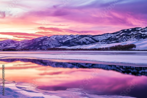 Wallpaper Mural Crépuscule sur montagnes enneigées et lac gelé avec reflets roses et violets.. Torontodigital.ca