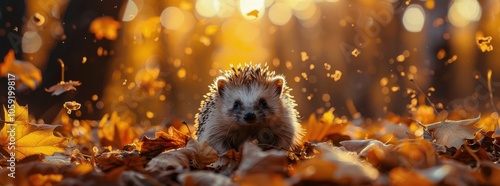 Hedgehog Walking Through Autumn Leaves in Forest