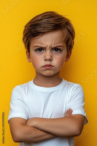 Young boy with a serious expression posing against a bright yellow background