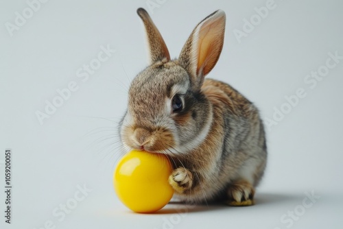 Gray Bunny Holding Yellow Easter Egg on White Background