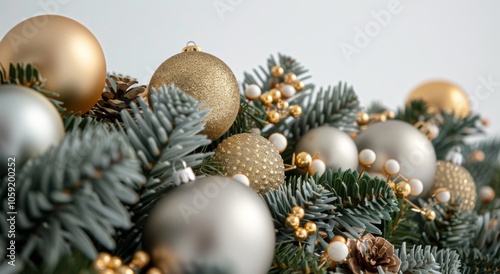 Close Up of Gold and Silver Ornaments Hanging on a Christmas Tree