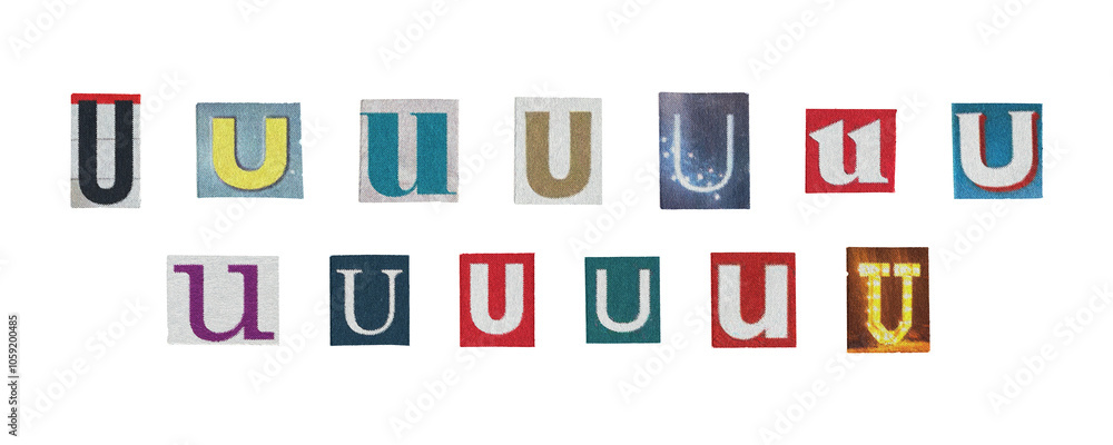 Set of isolated cut-out letter “U” from magazines on a transparent background, retro y2k style Set of isolated cut-out letter “U” from magazines on a transparent background, retro y2k style
