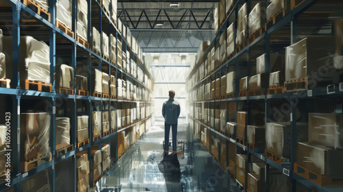 A man is walking down a long aisle of boxes in a warehouse