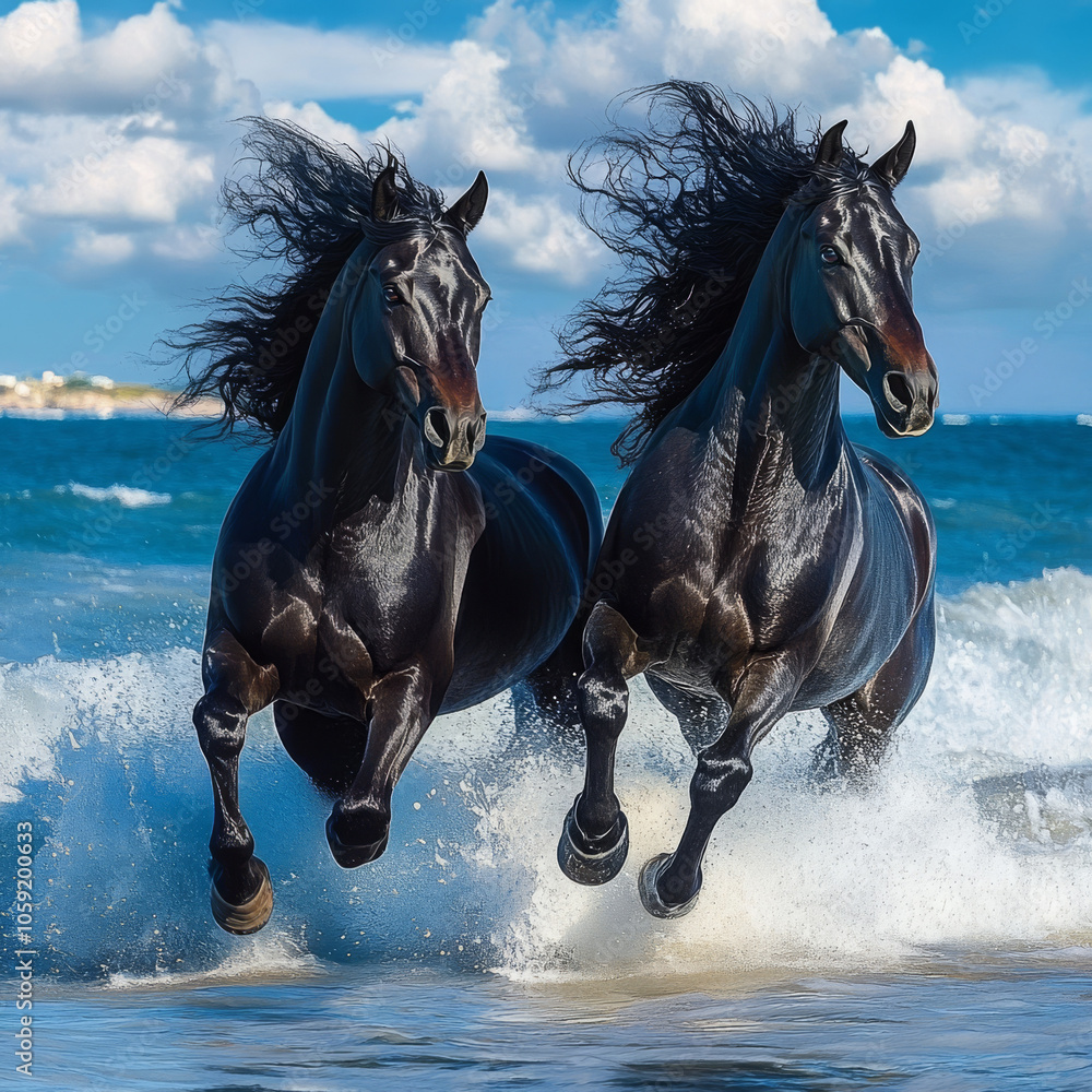 Black horses with flowing manes gallop along the shimmering shoreline, their powerful forms contrasting against the vibrant sea. Black horses with flowing manes gallop along the shimmering shoreline, their powerful forms contrasting against the vibrant sea.