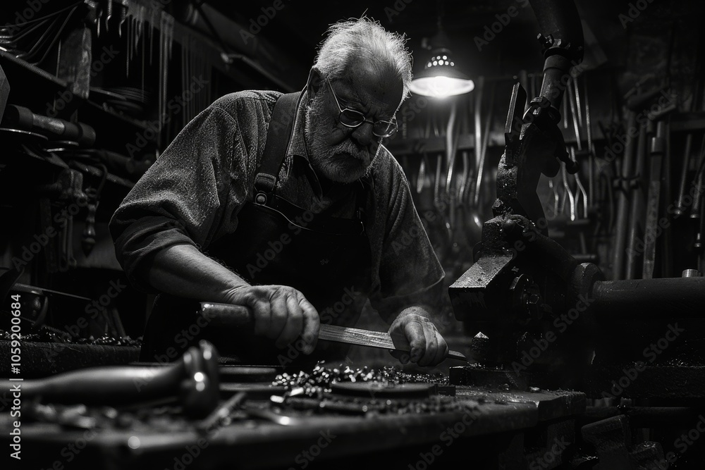 Elderly Blacksmith in Detailed Workshop Setting Elderly Blacksmith in Detailed Workshop Setting