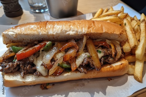 Wallpaper Mural A chaotic cheesesteak with onions and peppers served with fries Torontodigital.ca