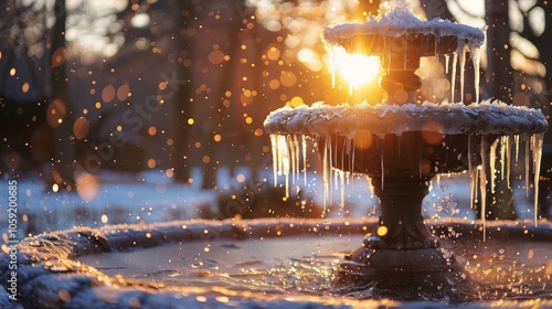 Frozen Fountain Water Dripping in the Sunset