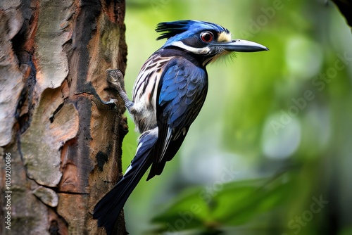 xenops climbing tree trunk using stiff tail feathers for support photo