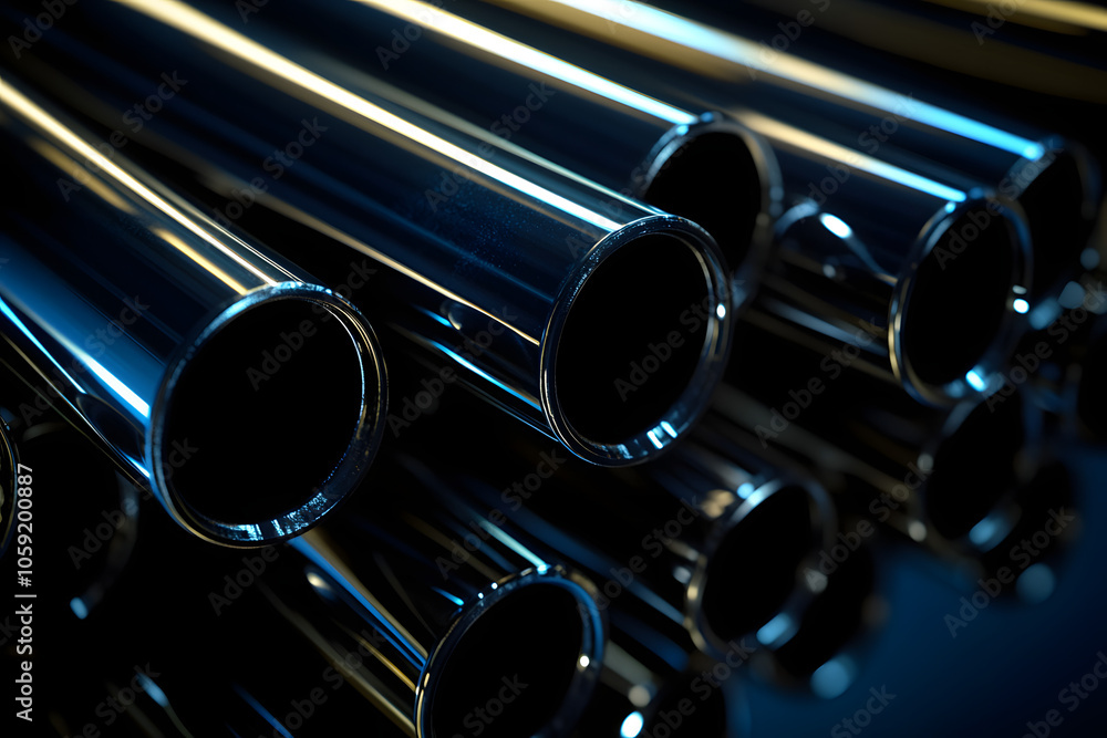 Shiny steel pipes stacked in rows, Generative AI Shiny steel pipes stacked in rows, Generative AI