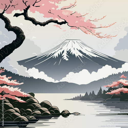 Paysage Asiatique Soleil Couchant avec Montagnes, Collines, Arbres et Lac