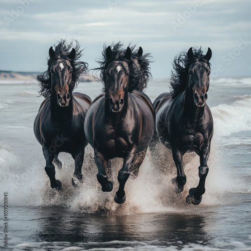 Black horses with flowing manes gallop along the shimmering shoreline, their powerful forms contrasting against the vibrant sea.